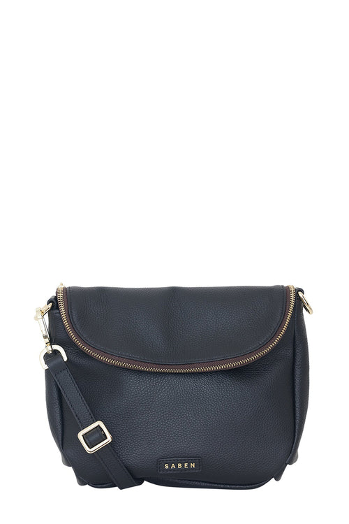 Navy blue handbag with gold accents on a white background