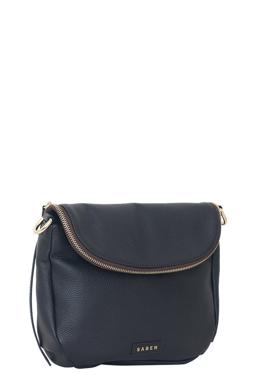 Navy blue handbag with gold zipper on a white background