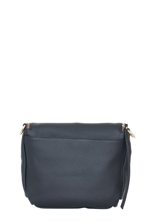 Navy blue handbag with a strap on a white background