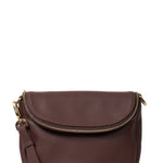 Brown leather handbag with gold zipper and strap on a white background