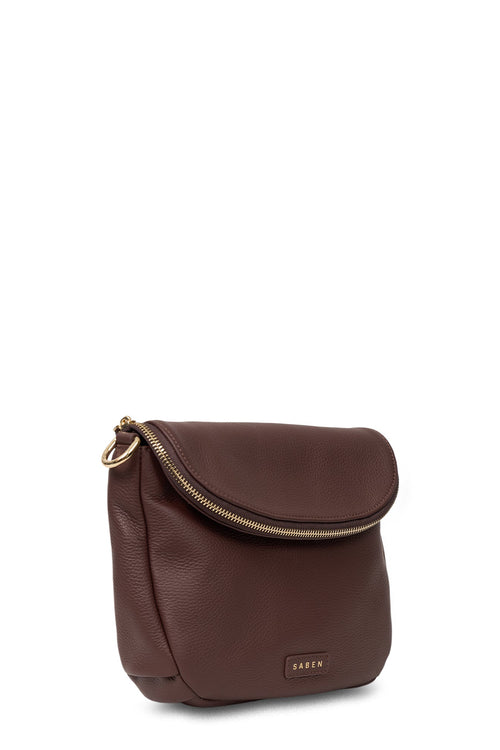Brown leather handbag with gold zipper on a white background