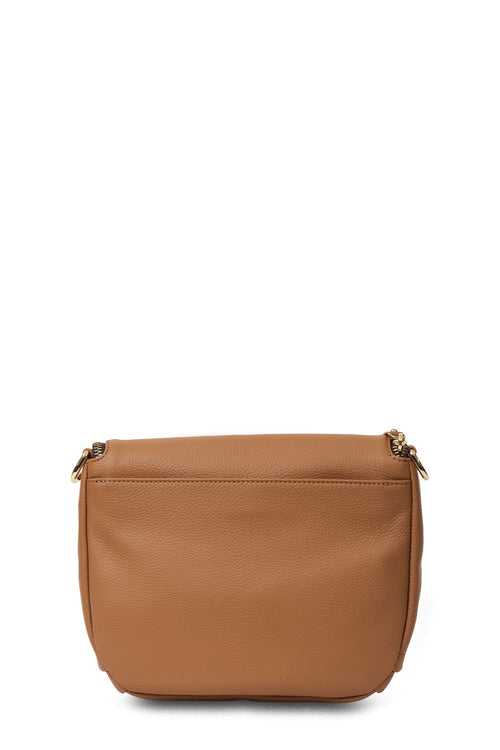 Brown leather handbag on a white background