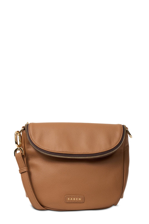 Brown leather handbag with a visible brand logo on a white background