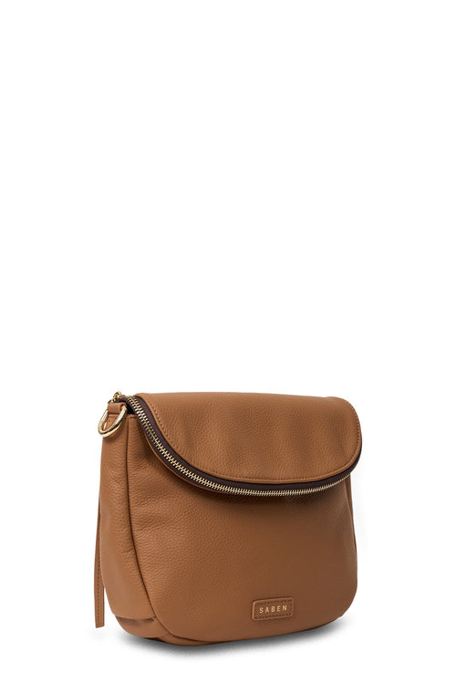 Brown leather handbag with a visible brand logo on a white background