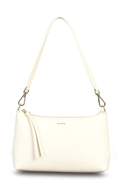 White handbag with a strap on a white background