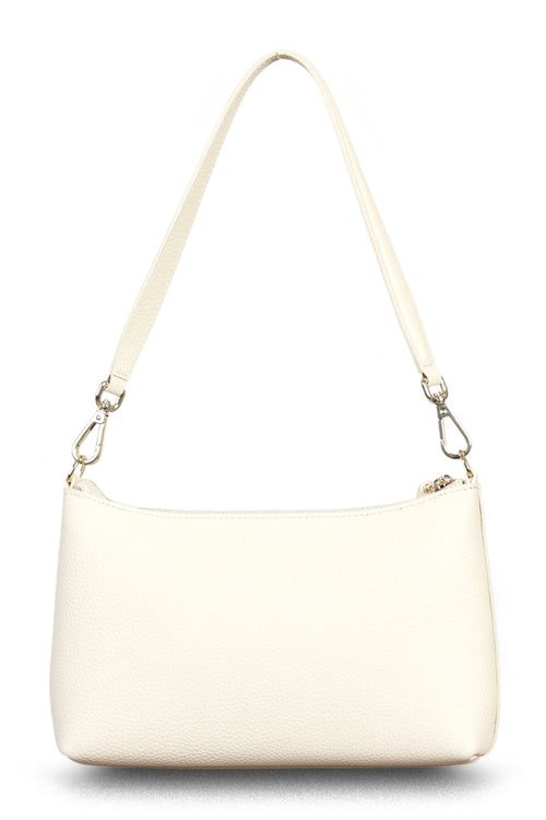 White handbag with a gold chain strap on a white background
