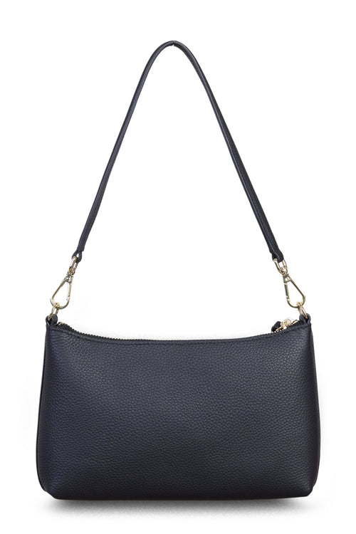 Black handbag with a shoulder strap on a white background
