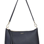 Navy blue handbag with a strap on a white background