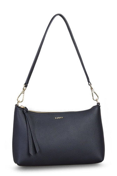 Navy blue handbag with a strap on a white background