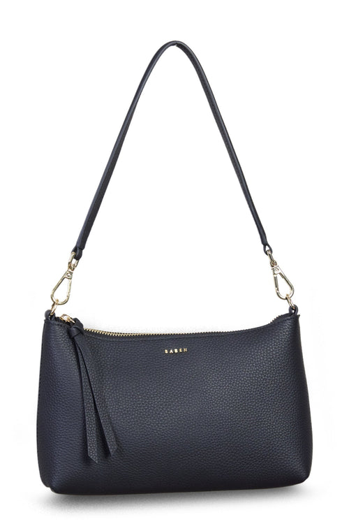Navy blue handbag with a strap on a white background