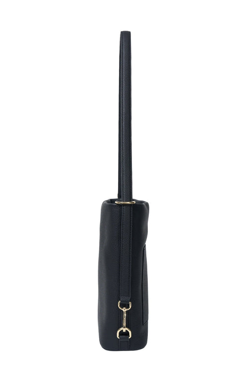Black handbag with a long handle on a white background
