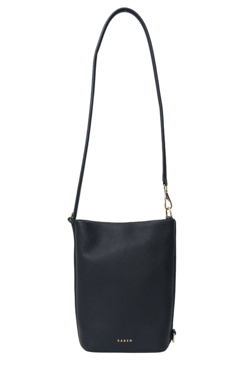 Black shoulder bag with a strap on a white background