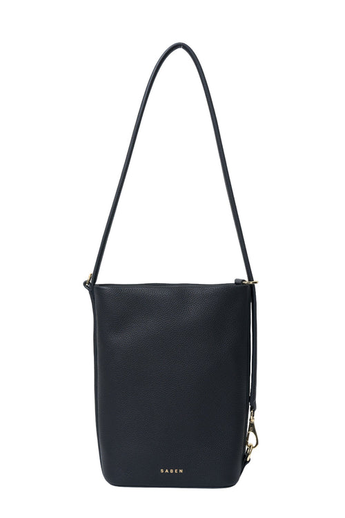 Black shoulder bag with a strap on a white background