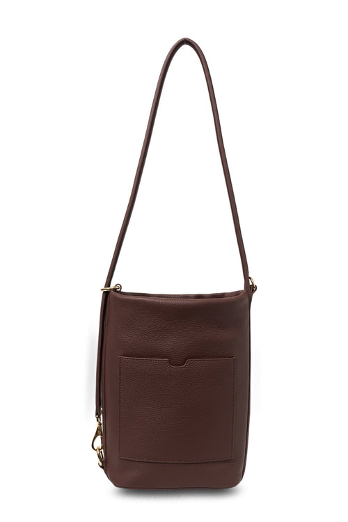 Brown shoulder bag with a strap on a white background