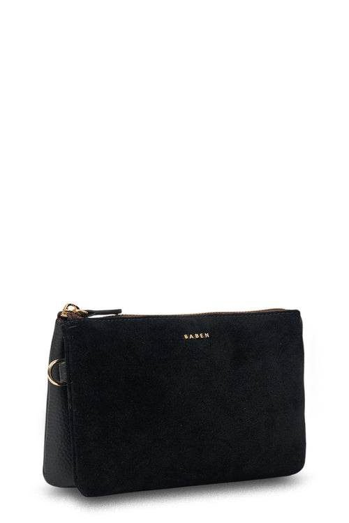 Black pouch with gold zipper on a white background