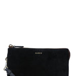 Black clutch bag with a strap on a white background