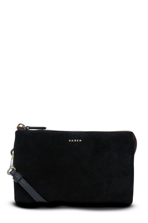 Black clutch bag with a strap on a white background