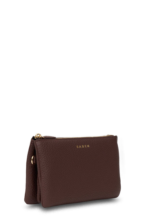 Brown leather pouch with gold zipper and 'SAGEN' branding on a white background