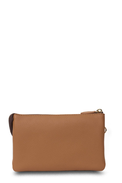 Brown leather pouch with a zipper on a white background