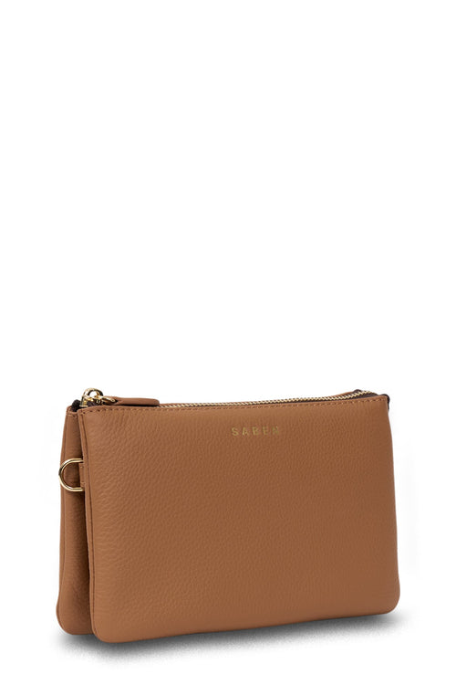Brown leather clutch bag with a gold zipper on a white background