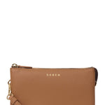 Brown leather clutch bag with a strap on a white background