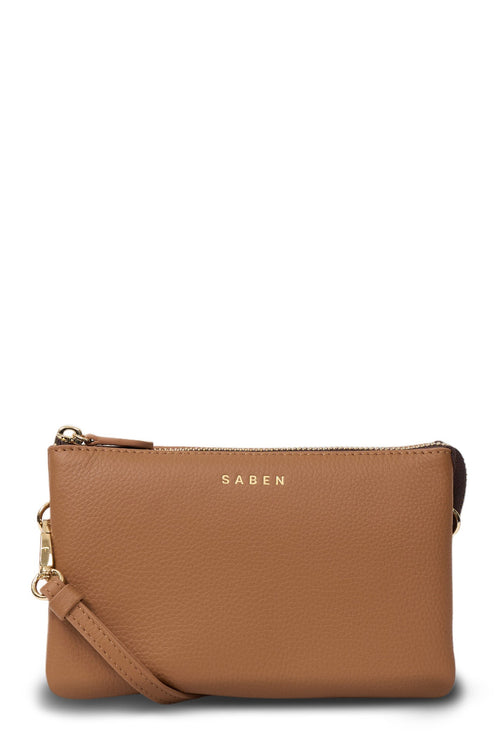 Brown leather clutch bag with a strap on a white background