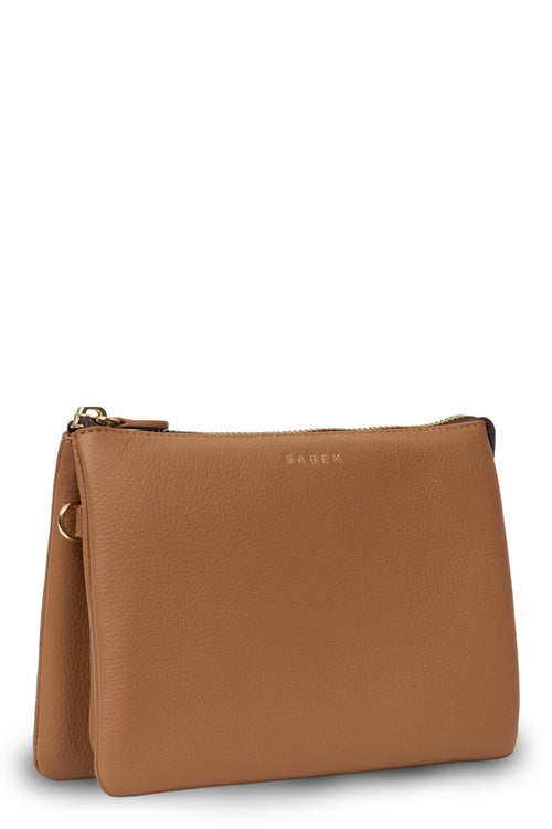 Brown leather clutch bag with gold zipper on a white background