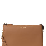Brown leather clutch bag with a strap on a white background