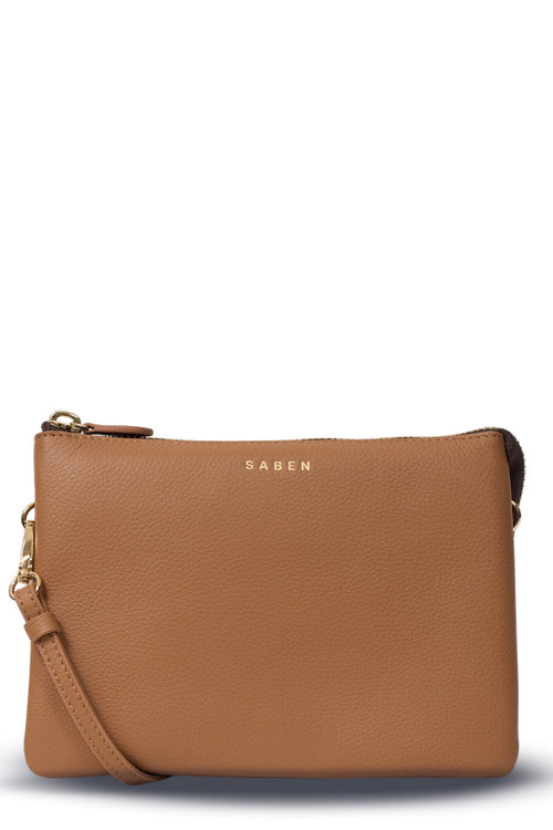 Brown leather clutch bag with a strap on a white background
