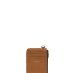 Brown leather phone case with a gold zipper on a white background