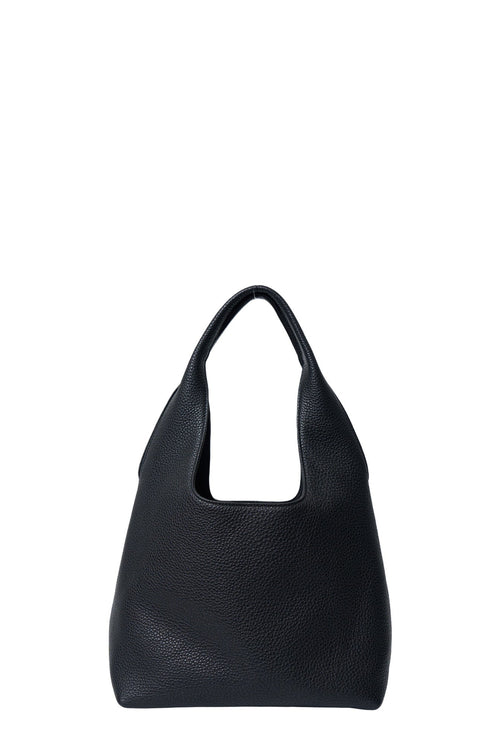 Black leather handbag on a white background