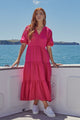 Santorini Raspberry Linen Puff Ss V-Neck Tiered Maxi Dress