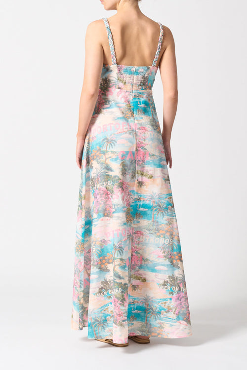 model wearing pink blue print long dress