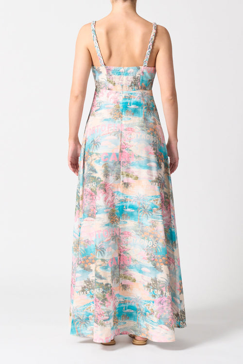 model wearing pink blue print long dress