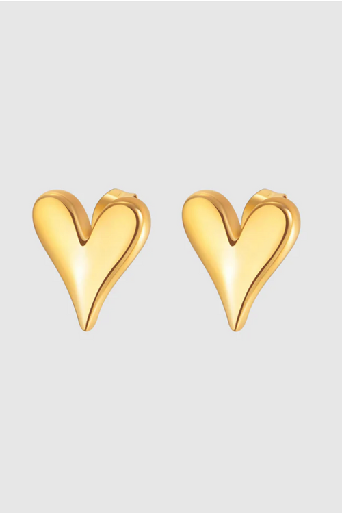A pair of polished gold-toned heart-shaped stud earrings with a fluid, curved design and a slightly elongated point, giving a modern, sculptural look.
