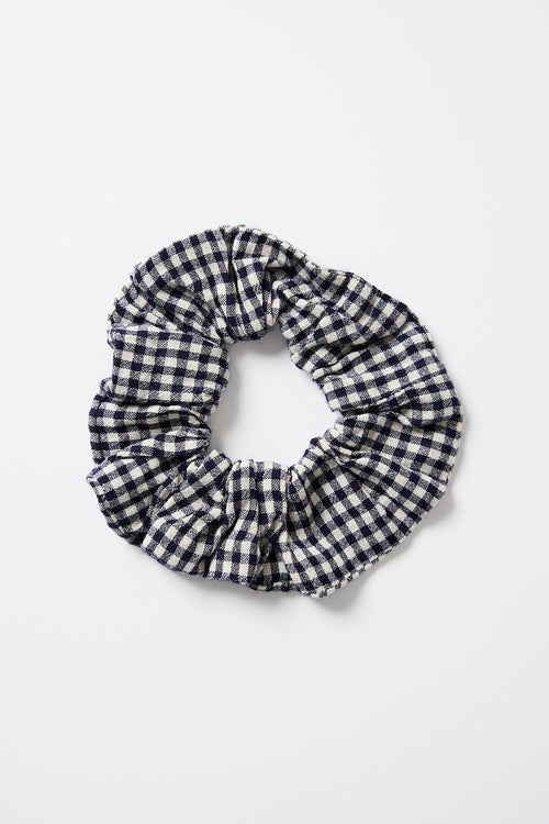 Large navy and white gingham scrunchie with a soft, textured finish, photographed on a white background