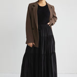 Sensational Black Tiered Satin Tie Waist Maxi Skirt