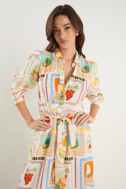 Model wearing shirt dress with tropical postcard print