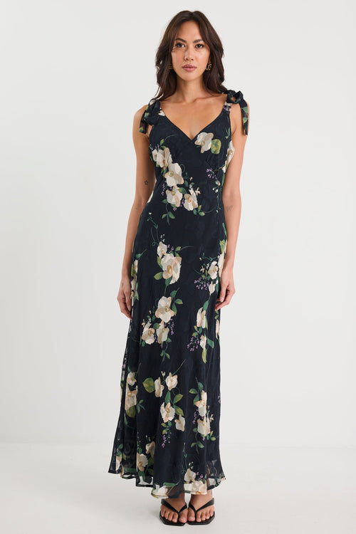 Shop Serenade Black and Blush Floral Tie Straps Slip Maxi Dress | Flo Shop Serenade Black and Blush Floral Tie Straps Slip Maxi Dress | Flo