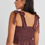 Delectable Raisin Linen Tie Shoulder Shirred Top