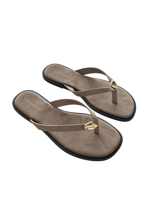 A pair of taupe-brown suede flip-flops with small gold-tone metal accents on the straps and black soles, shown on a plain white background.