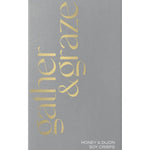 Gather & Graze packaging with gold text on a gray background