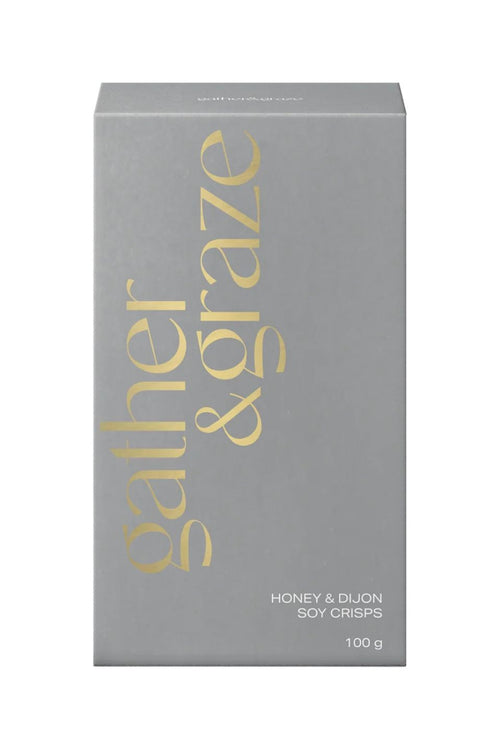 Gather & Graze packaging with gold text on a gray background