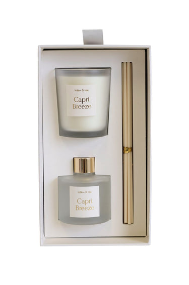 Capri Breeze candle and diffuser set in packaging on a white background