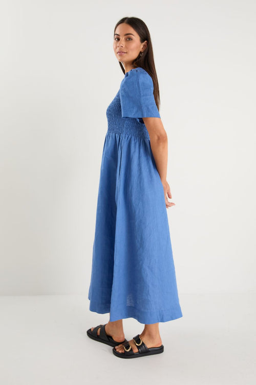Shop Wren Cornflower Blue Linen SS Shirred Bodice Midi Dress | Flo & F Shop Wren Cornflower Blue Linen SS Shirred Bodice Midi Dress | Flo & F
