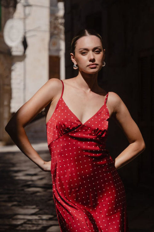 Shop Otherworldly Red Polka Dot Satin Bias Slip Midi Dress | Flo & Fra Shop Otherworldly Red Polka Dot Satin Bias Slip Midi Dress | Flo & Fra
