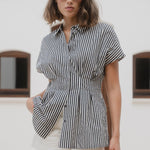 Astute Black Cream Stripe Short Sleeve Corset Detail Top