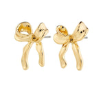 Gold bow-shaped earrings on a white background