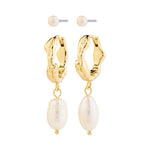 Gold hoop earrings with pearl drops on a white background