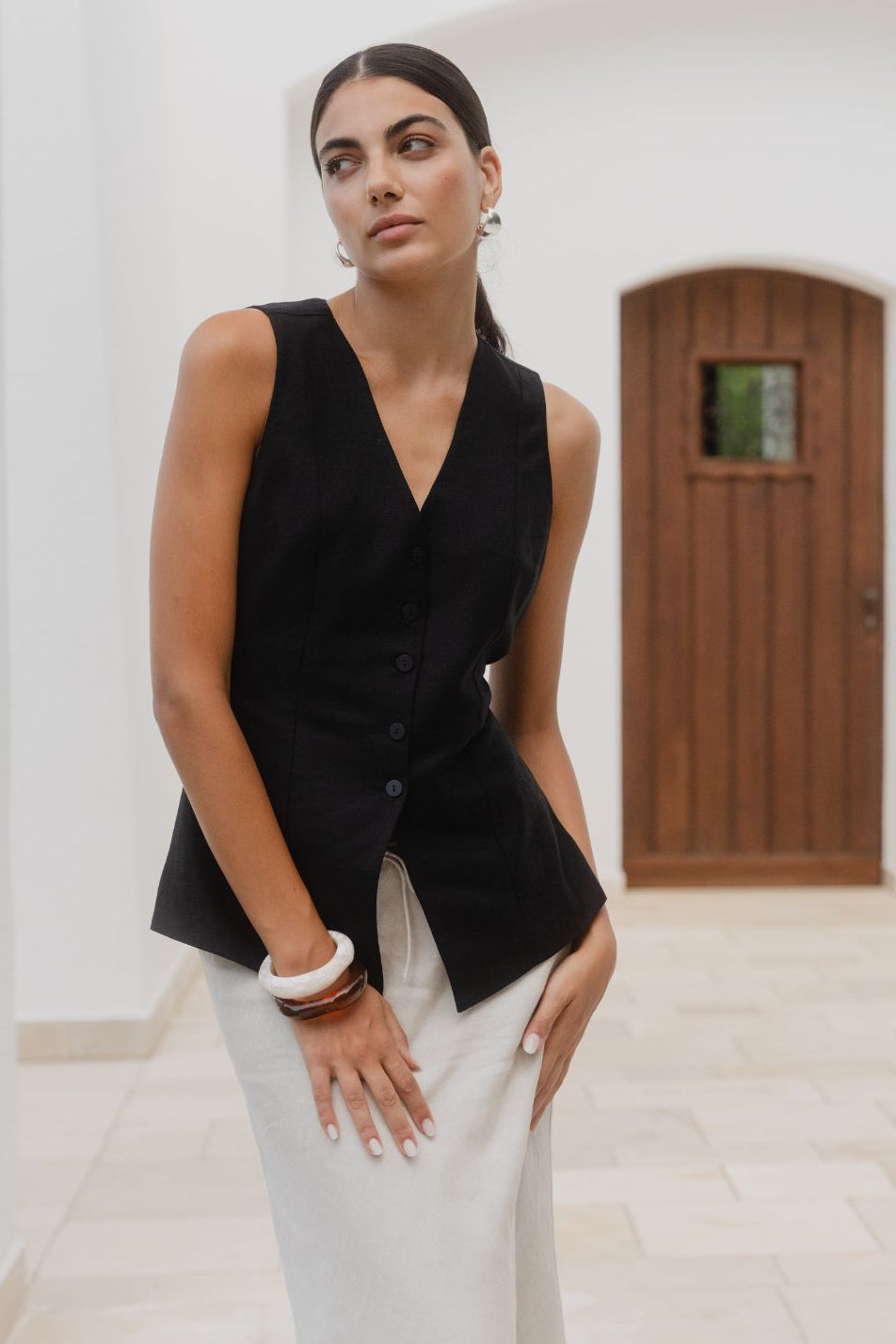 Shop Eiffel Black Linen Viscose Fitted Longline Vest | Flo & Frankie